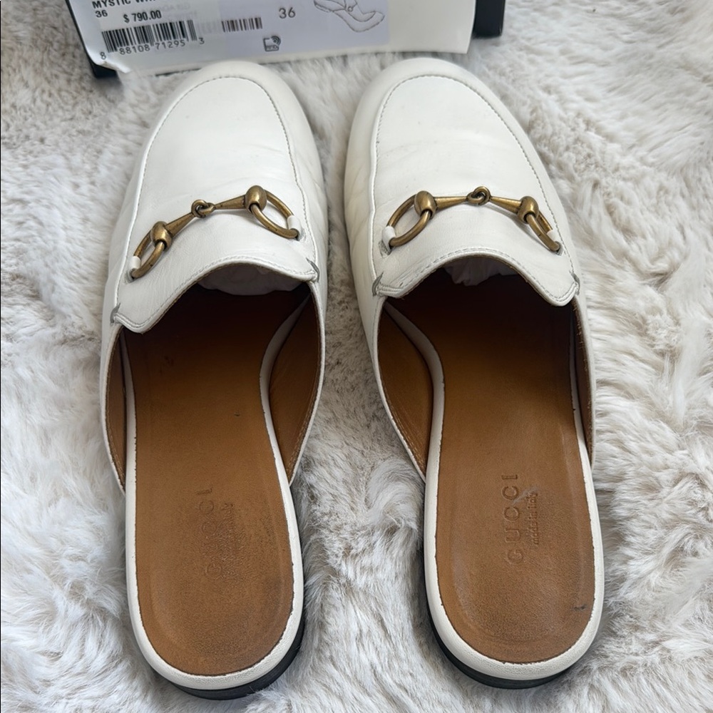 Gucci White and Gold Mules with Horsebit Detail